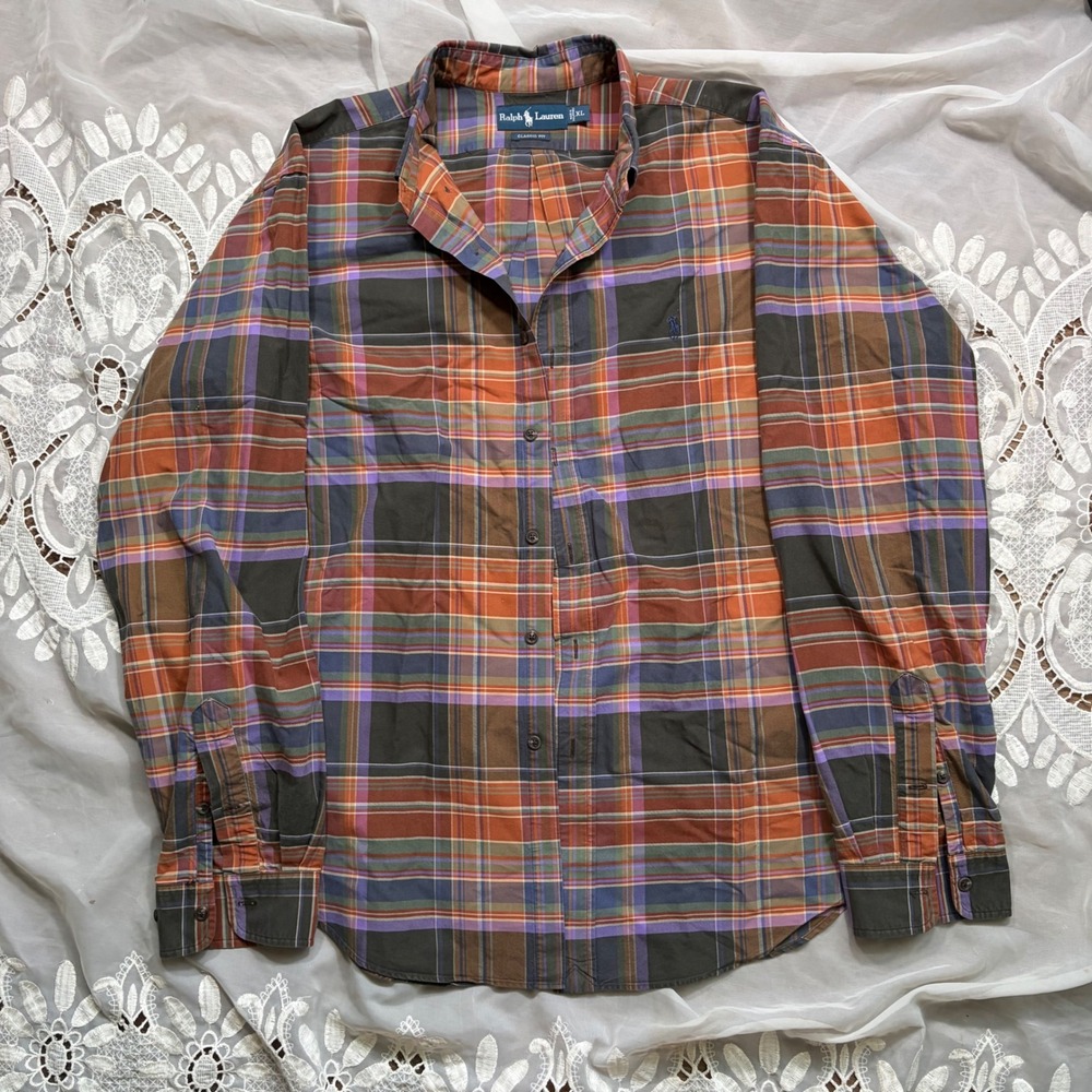 Fall Ralph Lauren Classic Fit Plaid Button Down Shirt Mens XL Orange Purple